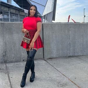 Red and Black Patterned Two Piece Skirt Set